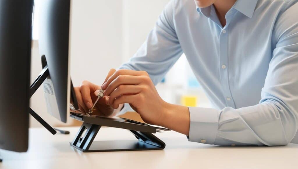 Comment fixer un écran PC sur un support : Homme installant un moniteur sur un support inclinable.