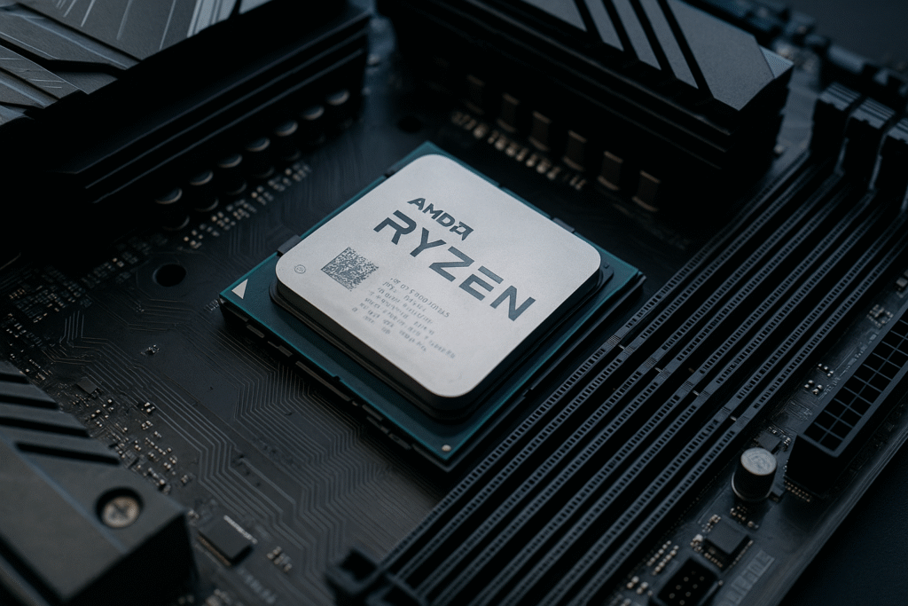 Processeur AMD Ryzen monté sur une carte mère en gros plan
